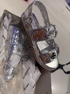 Karl Lagerfeld  Metallic Silver Quilted Charm Sandals, Very Chanel vibe